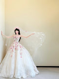 White Strapless 3D Rose Tulle Wedding Dress Long Ball Gowns Gorgeous Bridal Dress Quinceanera Dress HZ1024