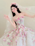 White Strapless 3D Rose Tulle Wedding Dress Long Ball Gowns Gorgeous Bridal Dress Quinceanera Dress HZ1024