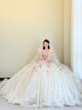 White Strapless 3D Rose Tulle Wedding Dress Long Ball Gowns Gorgeous Bridal Dress Quinceanera Dress HZ1024