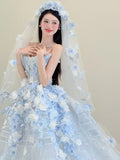 Light Blue Strapless Long Ball Gowns Tulle Applique Wedding Dress Fairytale Bridal Dress Quincea?era Dress HZ1024