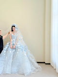 Light Blue Strapless Long Ball Gowns Tulle Applique Wedding Dress Fairytale Bridal Dress Quincea?era Dress HZ1024