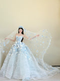 Light Blue Strapless Long Ball Gowns Tulle Applique Wedding Dress Fairytale Bridal Dress Quincea?era Dress HZ1024