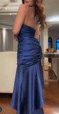 Navy Blue Sweetheart Neck Mermaid Prom Dresses Satin Long Formal Dress Birthday Outfit HZ1024