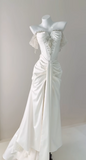 Off Shoulder Corset Sheath Evening Dress Eleagnt Beaded Satin Slit Long Prom Dress HZ1024