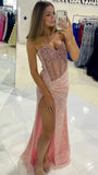 Pink Sweetheart Sheath Evening Gowns Sparkly Sequin Slit Prom Dresses Wedding Guest Dress HZ1024