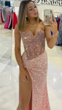 Pink Sweetheart Sheath Evening Gowns Sparkly Sequin Slit Prom Dresses Wedding Guest Dress HZ1024