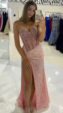 Pink Sweetheart Sheath Evening Gowns Sparkly Sequin Slit Prom Dresses Wedding Guest Dress HZ1024
