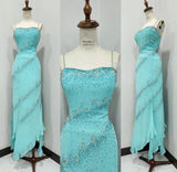 Sky Blue Formal Dress Spaghetti Straps Sheath Long Evening Gowns Glitter Elegant Beaded Prom Dresses HZ1024