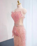 Pink Mermaid Formal Dress Tulle Sequins Sweet 16 Dress Strapless Prom Dress with Rhinestones HZ1024