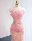 Pink Mermaid Formal Dress Tulle Sequins Sweet 16 Dress Strapless Prom Dress with Rhinestones HZ1024