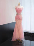 Pink Mermaid Formal Dress Tulle Sequins Sweet 16 Dress Strapless Prom Dress with Rhinestones HZ1024