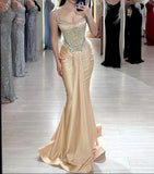 Champagne Mermaid Formal Evening Gowns Spaghetti Straps Satin Corset Rhinestone Party Dresses Elegant Graduation Prom Dresses HZ1024