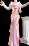 Pink Strapless Sheath Formal Evening Dress Satin Applique Vintage Birthday Dress HZ1024
