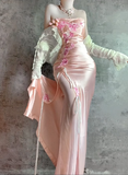 Pink Strapless Sheath Formal Evening Dress Satin Applique Vintage Birthday Dress HZ1024