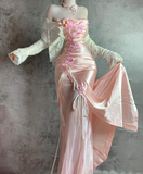 Pink Strapless Sheath Formal Evening Dress Satin Applique Vintage Birthday Dress HZ1024
