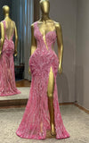 Pink One Shoulder Mermaid Evening Gowns Beaded Slits Long Prom Dresses Elegant Formal Dresses HZ1024