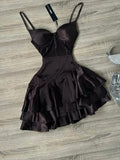 Dark Brown Spaghetti Strap Short Party Dress Satin A-Line 16th Birthday Outfit Middle School Hoco Dresses HZ1024