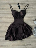 Dark Brown Spaghetti Strap Short Party Dress Satin A-Line 16th Birthday Outfit Middle School Hoco Dresses HZ1024