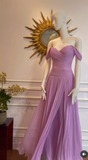 Purple Off Shoulder Long Prom Dresses Pleated Sheath Formal Dress Guest Dress with Shawl HZ1024