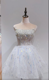 White Strapless Short Ball Gown Tulle Sequin Homecoming Dress Sweet 16 Dress HZ1024