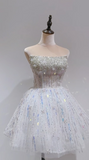 White Strapless Short Ball Gown Tulle Sequin Homecoming Dress Sweet 16 Dress HZ1024