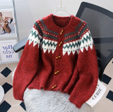 Horn Button Fair Isle Thick Knit Cardigan HZ1024