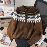 Horn Button Fair Isle Thick Knit Cardigan HZ1024