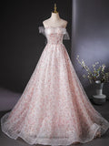 Tulle Lace Sequin Pink Long Prom Dress, Pink Long Graduation Dress HZ1024