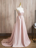 Satin Beads Pink Long Prom Dress, Pink Long Formal Dress HZ1024