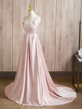 Satin Beads Pink Long Prom Dress, Pink Long Formal Dress HZ1024