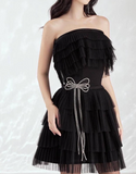 Black Strapless A-Line Short Birthday Party Dress Layered Tulle Homecoming Dress Elegant Graduation Dress HZ1024