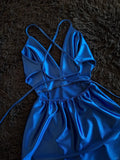 Royal Blue Spaghetti Straps A-Line Satin Backless Short Pool Party Dress V-Neck Short 16th Birthday Outfit Middle School Hoco Dresses HZ1024