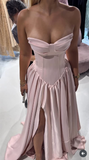Pink Strapless Long Ball Gown Satin Slit Formal Dress Graduation Prom Dresses Sweet 16 Dress HZ1024