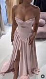 Pink Strapless Long Ball Gown Satin Slit Formal Dress Graduation Prom Dresses Sweet 16 Dress HZ1024