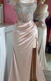 Pink Strapless Sheath Long Slit Evening Gown Sparkly Beaded Satin Prom Dress Sweet 18th Birthday Outfit HZ1024