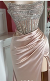 Pink Strapless Sheath Long Slit Evening Gown Sparkly Beaded Satin Prom Dress Sweet 18th Birthday Outfit HZ1024