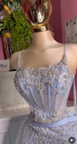 Blue Spaghetti Straps A-Line Beading Appliques Long Prom Dress Slit Tulle Evening Gown Quincea?era Dress HZ1024
