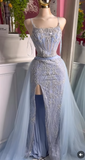 Blue Spaghetti Straps A-Line Beading Appliques Long Prom Dress Slit Tulle Evening Gown Quincea?era Dress HZ1024