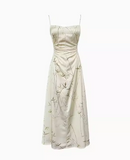 Chinese bamboo print satin pleated waist suspender dress HZ1024