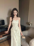 Chinese bamboo print satin pleated waist suspender dress HZ1024