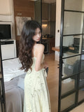 Chinese bamboo print satin pleated waist suspender dress HZ1024