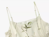 Chinese bamboo print satin pleated waist suspender dress HZ1024