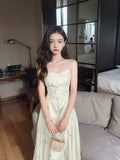 Chinese bamboo print satin pleated waist suspender dress HZ1024