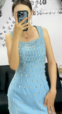 Blue Square Sheath Satin Evening Gowns Rhinestone Guest Dress Sparkly Birthday Dress HZ1024