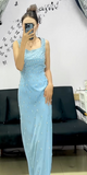 Blue Square Sheath Satin Evening Gowns Rhinestone Guest Dress Sparkly Birthday Dress HZ1024