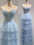Blue Sweetheart Tulle Ball Gown Beaded Quincea?era Dress Sweet 16 Dress HZ1024