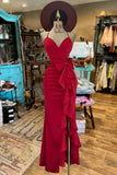Burgundy Sweetheart Sheath Chiffon Slits Party Dresses Modest Ruffles Formal Dresses Graduation Prom Dresses HZ1024