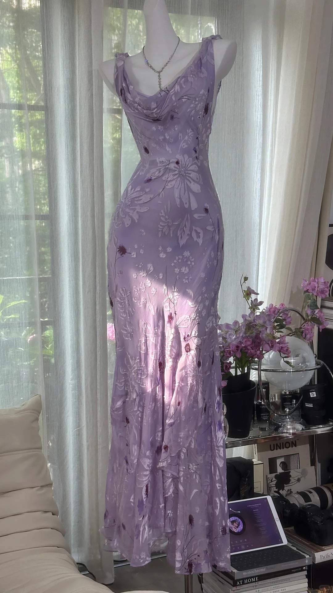 Vintage Sheath Prom Dresses Chiffon Floral Purple Long Formal Dresses Beaded Wedding Guest Dresses HZ1024