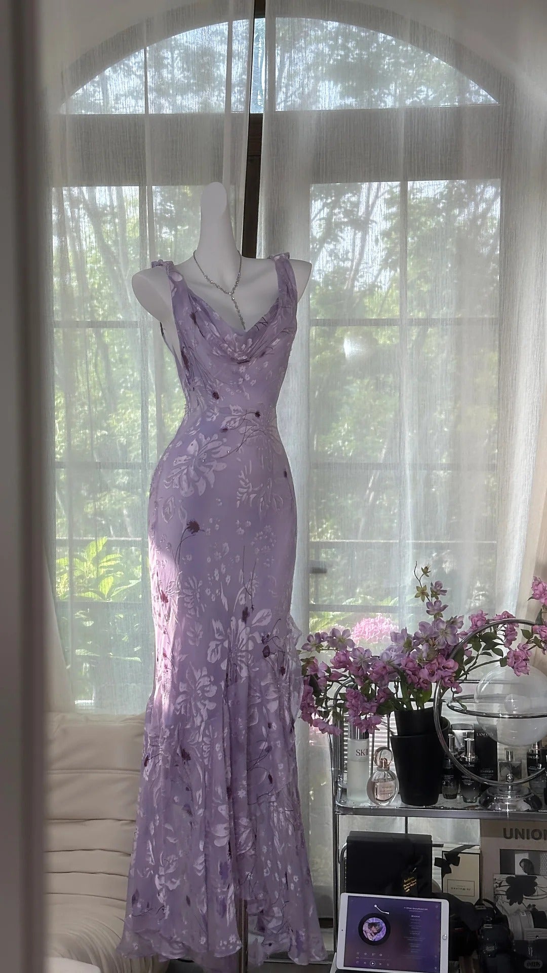 Vintage Sheath Prom Dresses Chiffon Floral Purple Long Formal Dresses Beaded Wedding Guest Dresses HZ1024
