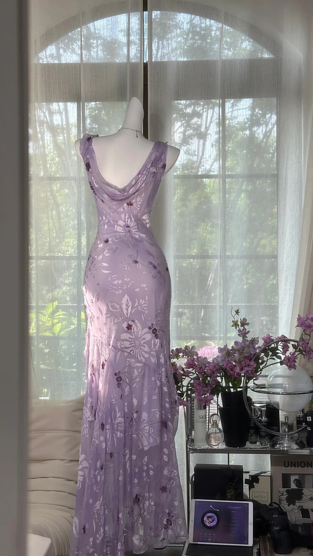 Vintage Sheath Prom Dresses Chiffon Floral Purple Long Formal Dresses Beaded Wedding Guest Dresses HZ1024